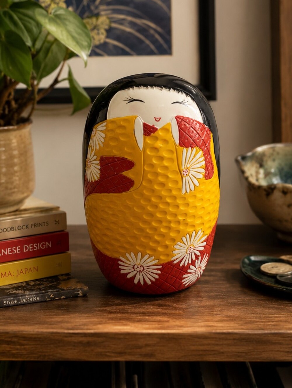 Vintage Usaburo Kokeshi Doll Coin Bank Hand Carved Japanese Wood Doll Piggy Bank